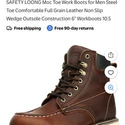 SAFETY LOONG Moc Toe Work Boots for Men Steel Toe Comfortable Full Grain Leather Non Slip Wedge Outsole Construction 6" Workboots 10.5