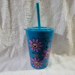 Halloween Pumpkin Flower Design 15 0z Cup With Lid And Straw. ( NEW)