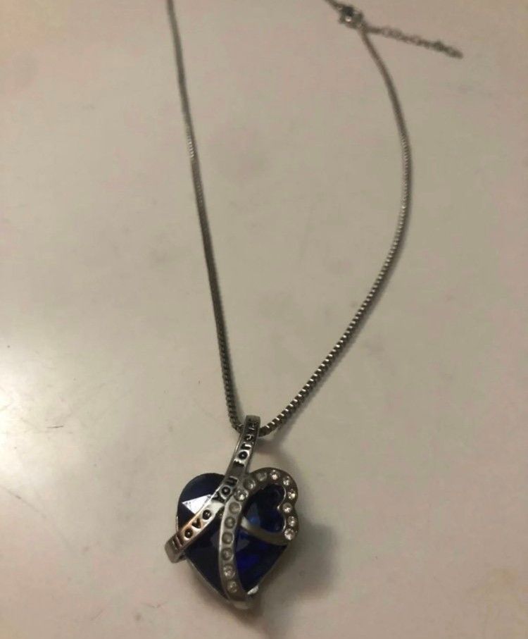 Royal Blue Heart Necklace, Says " I Love You More " 