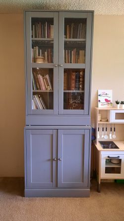 Ikea Grey Bookcase With Glass Doors Bookshelf Cabinet 2-piece