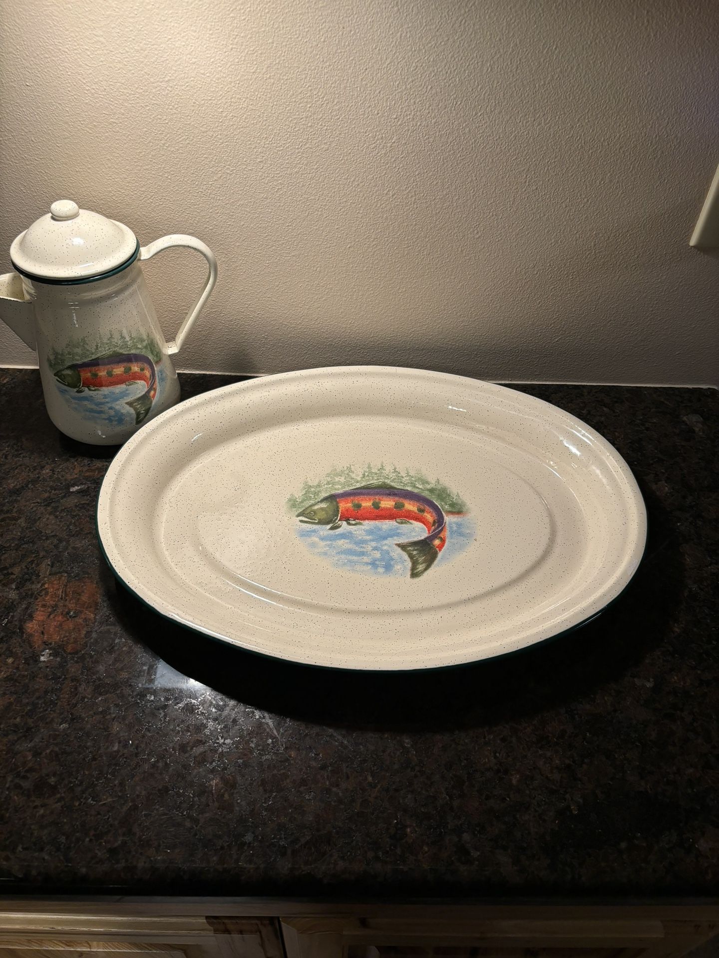 Enamel Hooked Tea Kettle And Platter