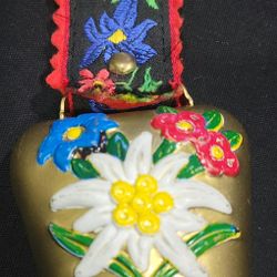 Vintage Metal Cow Bell Hand Painted Embroidered Ribbon Austria/Wien 6"X2.5"