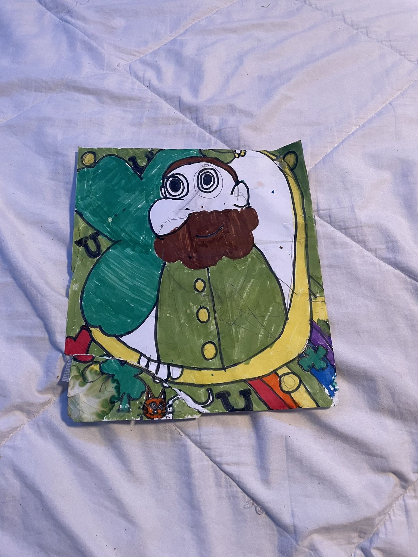 Man In Green Hat w/ Mustache St Patricks Day Americana Folk Art Drawing 14x11”