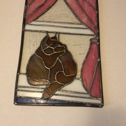 Vintage Stained Glass Panel With Cat In Window 