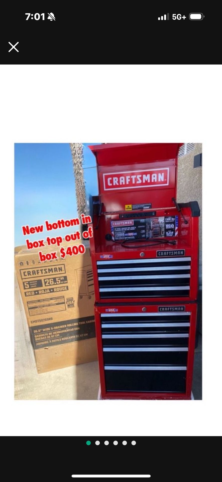 New tool box Craftsman Rolling Tool Box bottom part is in box has a ding from shipping top box is out of box has couple scruffs see picture comes with
