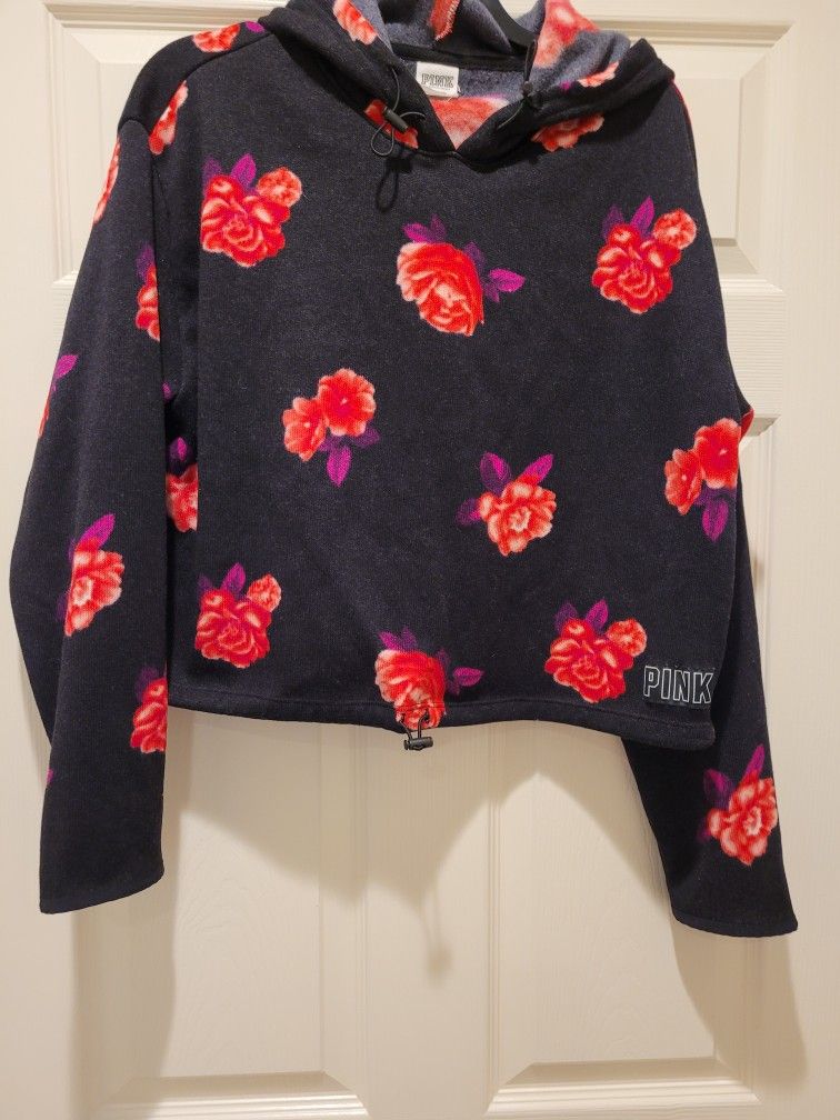 Pink Large Cropped Black/Floral Hoodie