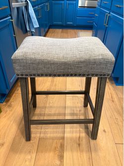 Set of 3 Counter Height Saddle Stools — Gray w/ Nailhead Trim