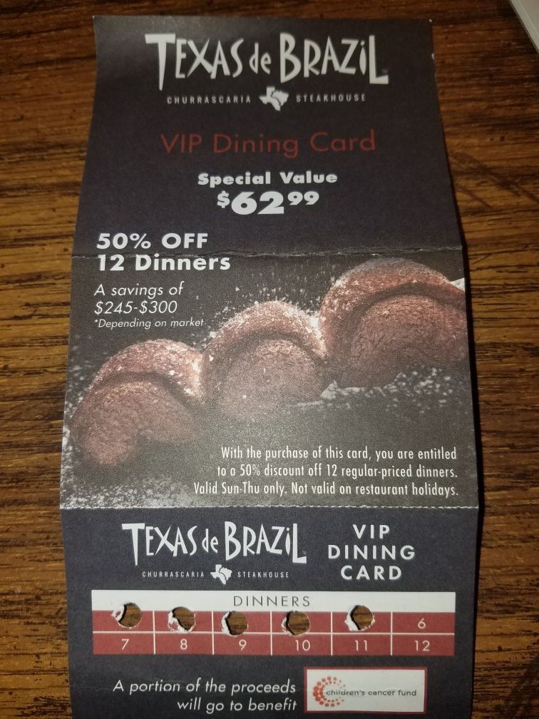 Texas de Brazil Two Restaurant $50 E-Gift Cards