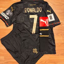 Kids Portugal 2026 World Cup Black Ronaldo 7 Full kit(Shorts+Socks) size 24 for 8-9 years old and size 26 for 10-11yo Available