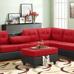 🛻 Free Delivery &Heights Red/Black Reversible Sectional with Storage Ottoman