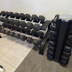 5lbs - 75lbs Rubber Hex Dumbbells With A Tier 2 Commercial Grade Dumbbell Rack 