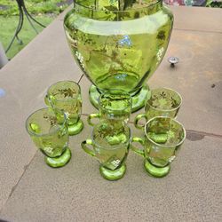 Vintage Green Bohemian Styled Glass Pitcher And 6 Cups