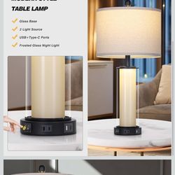 26" Black Glass Table Lamps Set of 2, Modern Bedroom Lamps with Built-in Frosted Glass Night Light , Tall Living Room Lamp with USB C+A Ports & Outlet