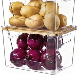 New In Box! 2 Set Pantry Organizers and Storage with Bamboo Lid, Stackable Clear Bins for Onion, Potato, Fruit, Vegetables, Trash Bag Dispenser for Ki