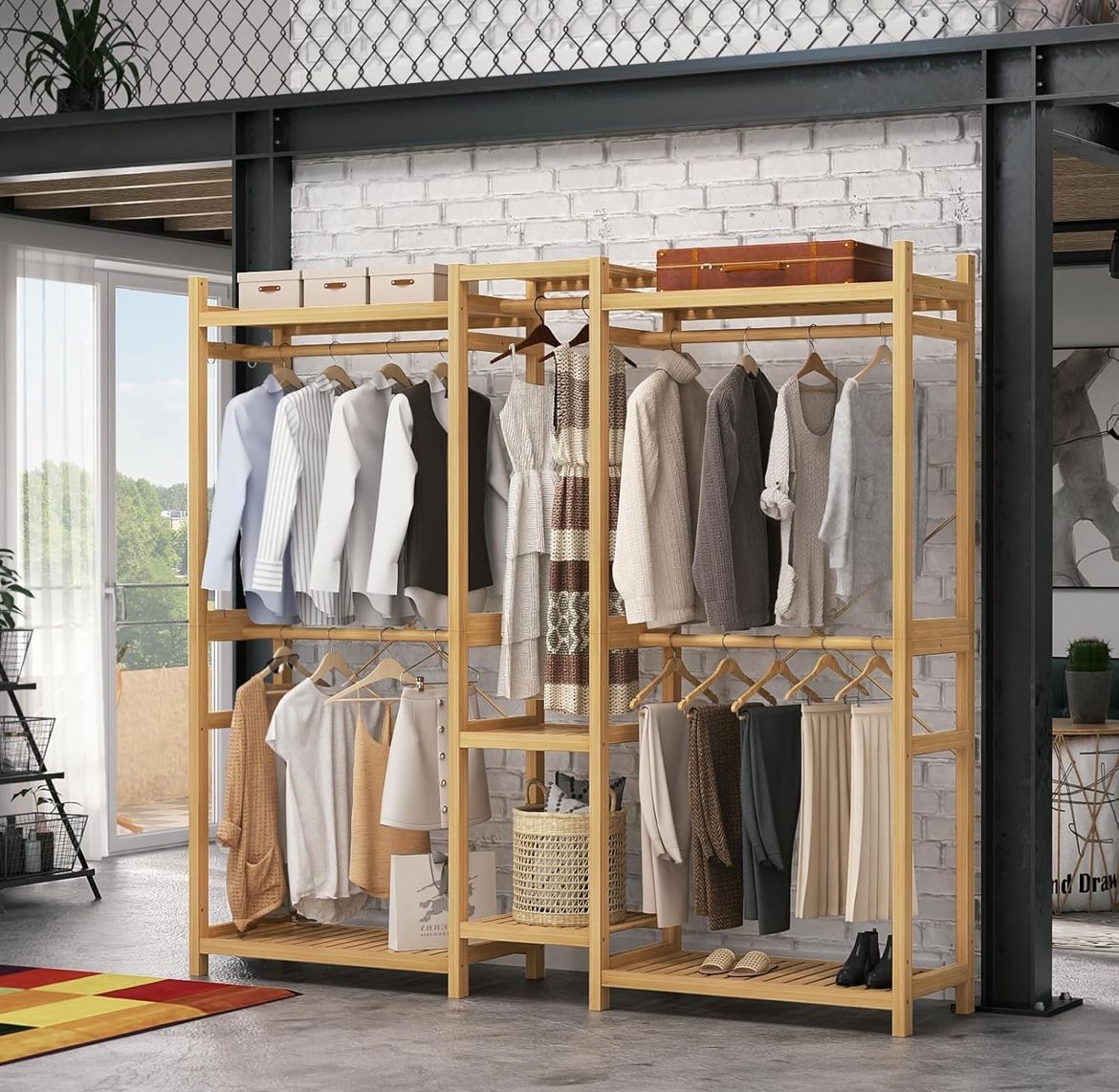 Bamboo Closet System Clothes Rack, Large Freestanding Garment Rack Clothing Rack for Hanging Clothes with 7 Storage Shelves and 5 Rods, Open Wardrobe