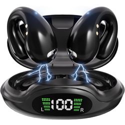 Wireless Bluetooth 5.3 Open Ear Bone Conduction Headphones, 60 Hrs Battery, 4 Mics, LED Display, IPX7 Waterproof,Clip On Earbuds Charging Case Sports 