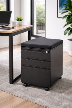 Rod One Black Mobile File Cabinet w/ Cushion Top – Locking Pedestal NEW
