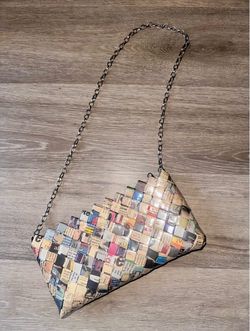 Woven Newspaper Clutch Bag with Chain Strap