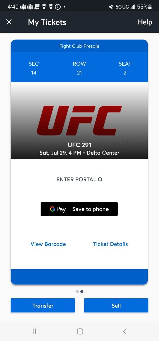 1 Ticket UFC 291 Lower Level Near Aisle 