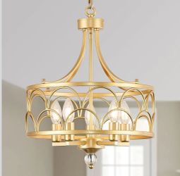 (Brand New in Box)  5-Light Chandelier E12 Base Round 15.2in - Gold Metal Farmhouse Lantern Pendant Light Fixture,Adjustable Hanging Ceiling Lighting,