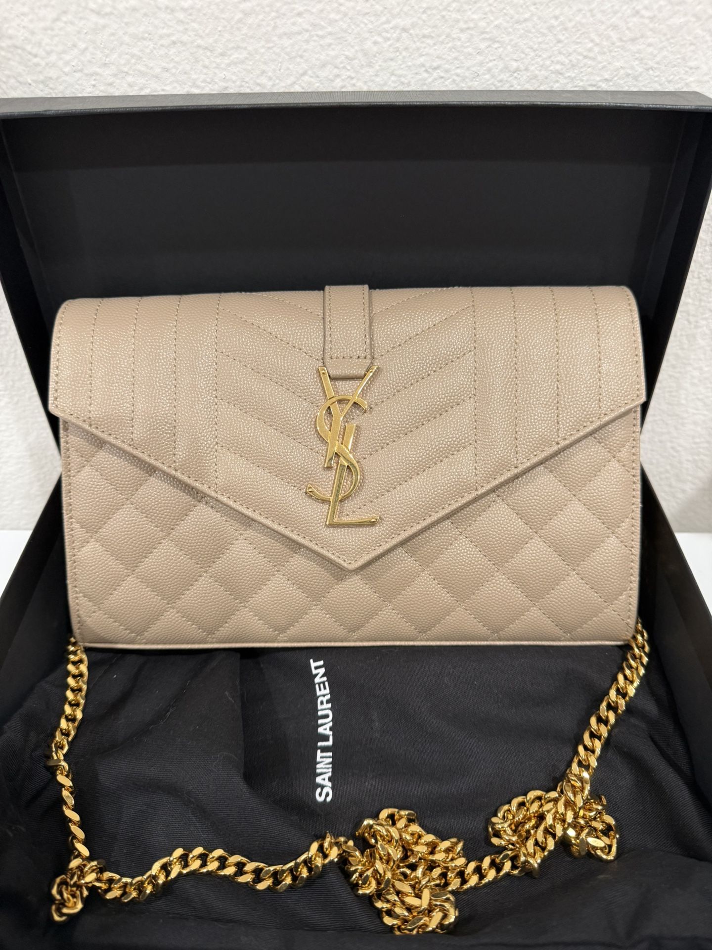 Saint Laurent - Envelope Triquilt YSL Wallet on Chain (WOC) in Grained Leather (DARK BEIGE)