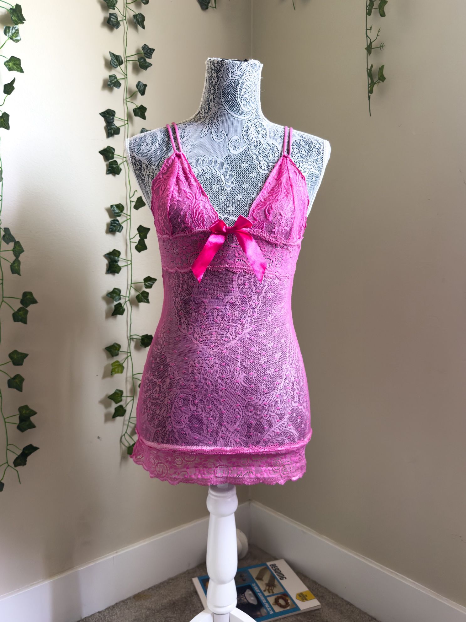 Y2K VINTAGE HIT PINK BABYDOLL RIBBON SATIN BOW LACE HALTER DRESS TOP