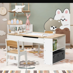 Lift-Top Kids Activity Table and Chairs Set with Storage Bookcase and Hidden Paper Roller