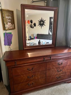 Cherry oak dresser with attached mirror and night stand