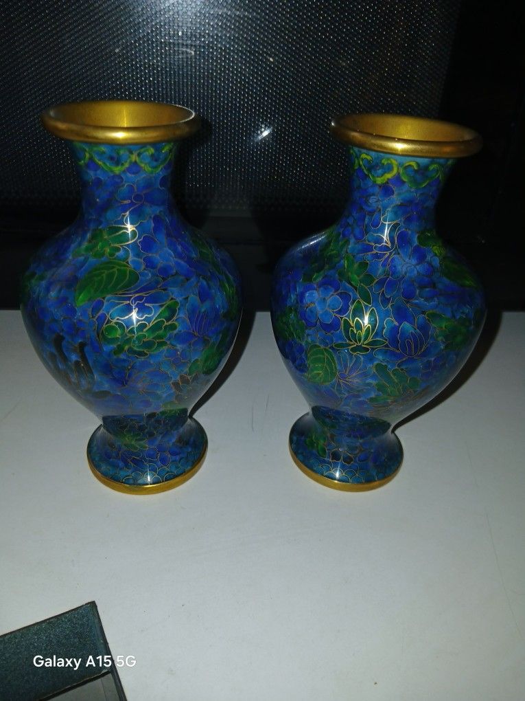 Antique Enamel Over Brass, Vases
