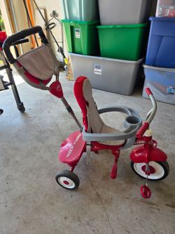 Toddler push car and radio flyer bike