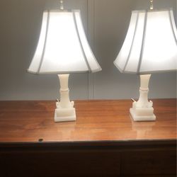 Pair Of Old Alabaster Carved Lamps 