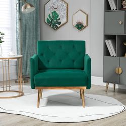 Modern Velvet Accent Chair, Upholstered Single Sofa Arm Chair with Rose Gold Metal Trim, Comfy Living Room Lounge Armchair for Relaxing, Emerald Green