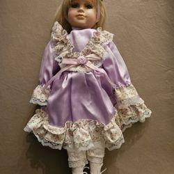 15" Porcelain Doll w/ Long Blonde Hair, Blue Eyes, Purple Dress