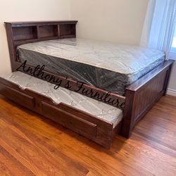 Solid Wood Queen Bed & Twin Trundle + 2 Mattresses 