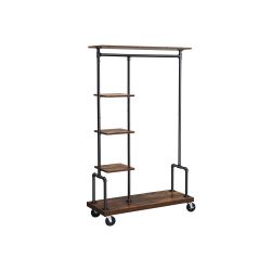 Clothes Rack, 5-Tier Garment Rack on Wheels, Industrial Pipe Style Rolling Clothes Organizer, Rustic Brown, DALSON Collection UHSR66BXV2