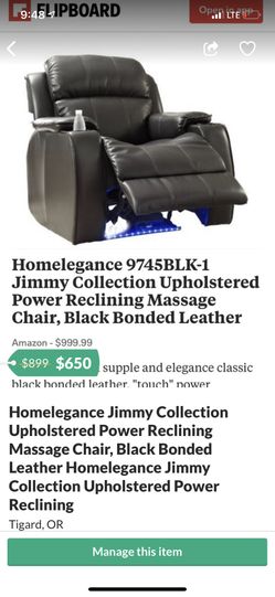 Homelegance Jimmy Collection Upholstered Power Reclining Massage Chair, Black Bonded Leather Homelegance Jimmy Collection Upholstered Power Reclining