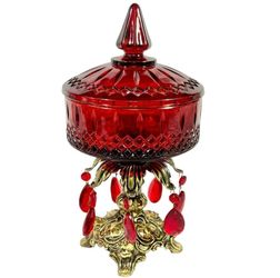 Vintage Hollywood Regency Ruby Red Glass Pedestal Lid Candy Dish Crystal Prisms