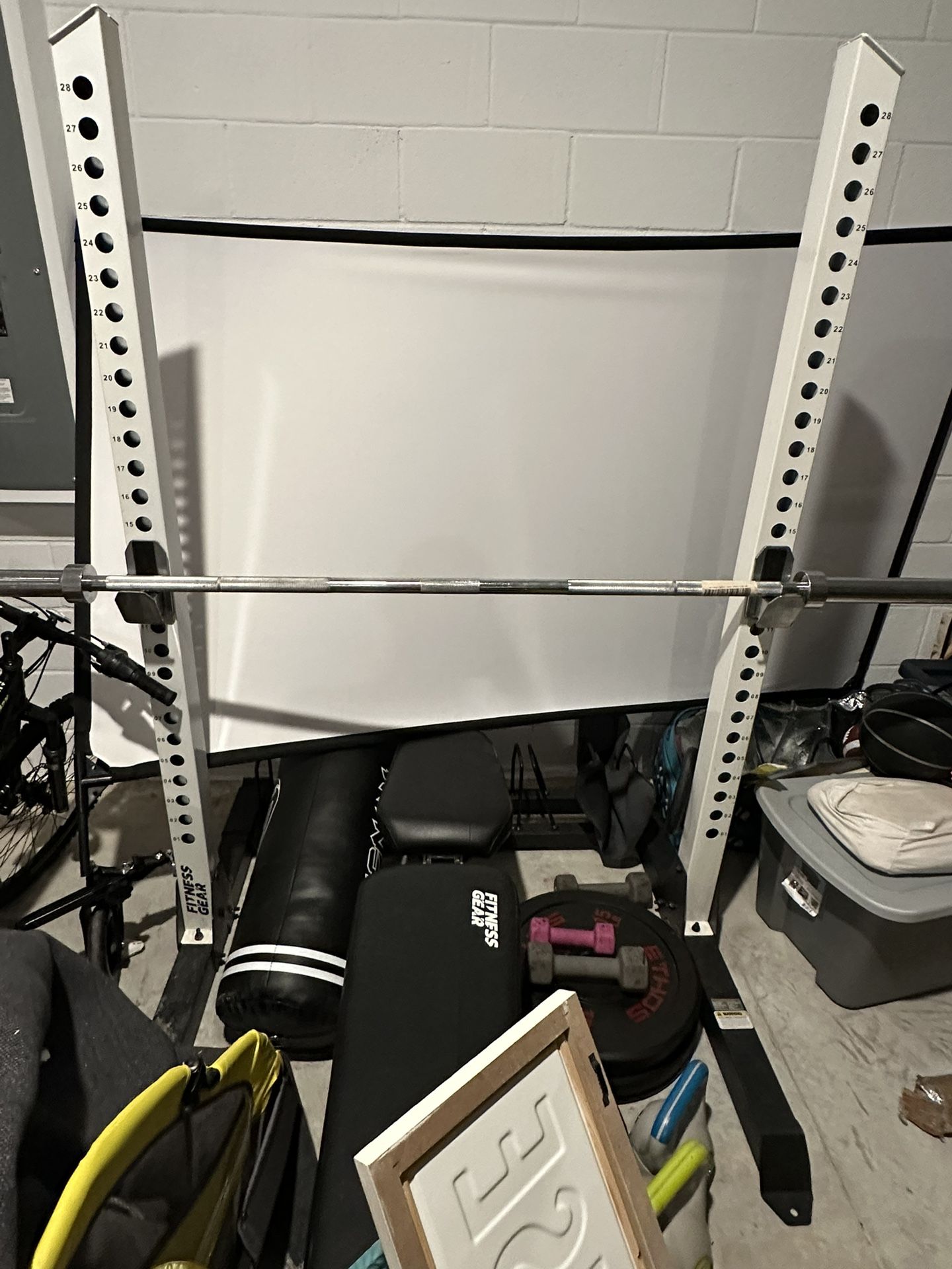 Squat Rack/ Weight Bench W Bar And Weight Plates