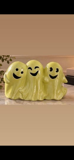 Cute Ceramic Ghost Trio - Light Up Halloween Decor - Lime Green 3 Smiling Ghosts Tabletop