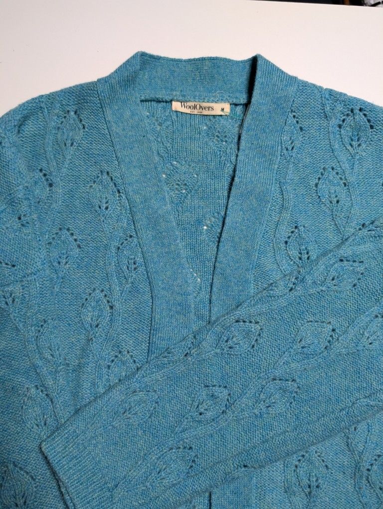 WoolOvers Women's Medium Cableknit Wool Cardigan Sweater Blue Green Teal, 100% Lambswool, new wool