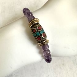 Amethyst Indian Bead Stretchy Charm Bracelet 