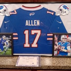 JOSH ALLEN #2 OF THE BUFFALO BILLS, STITCHED, BRANDED, FRAMED JERSEY WITH SIGNED PICTURE COA.