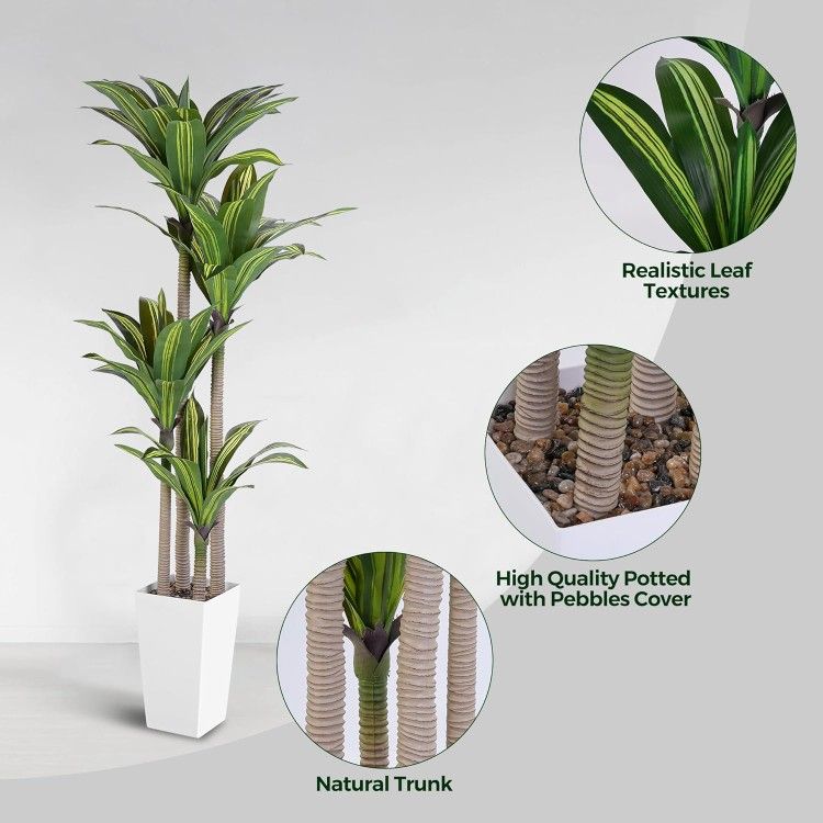 Artificial Dracaena Tree, 6FT Faux Tree with White Tall Planter, Fake Dracaena Plants Tropical Yucca Floor Plant in Pot, Artificial Silk Tree for Home