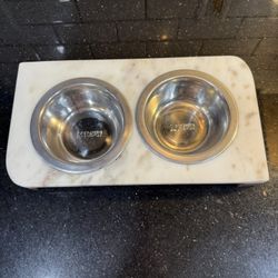 Cat 🐱 Dog Food Water Bowls Dual Carrara Marble Serving Feeder Set and Raised Wooden Ceramic Slanted Bowl