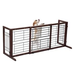 Pet Gate, Brown, 38 in. W to 71 in. W Freestanding Pet Gate, Dog Gate for Stairs and Doorways, Brown, NEW 
