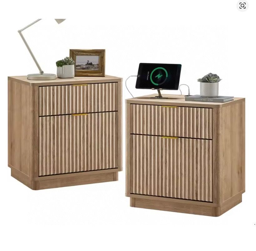 23'' Fluted Nightstand Set of 2 with Charging Station, Large 2 Drawer Bedside Table, Modern End Table with Storage, Mid Century