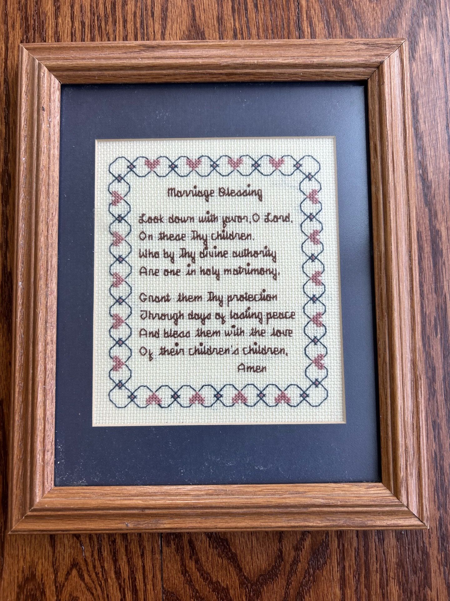 Marriage blessing, cross stitch, vintage framed