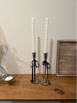2 Silver Metal Taper Candle Holders and White Candles