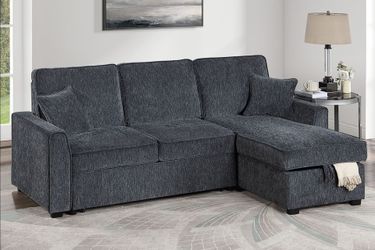 2-pc sectional sofa with pull-out bed & reversible chaise with storage dark grey chenille fabric upholstery