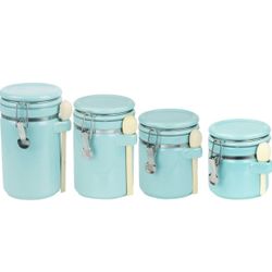 Canister Sets For The Kitchen (4 Piece) Turquoise, High Gloss Ceramic By Home Basics, Decorative Set With Wooden Spoons